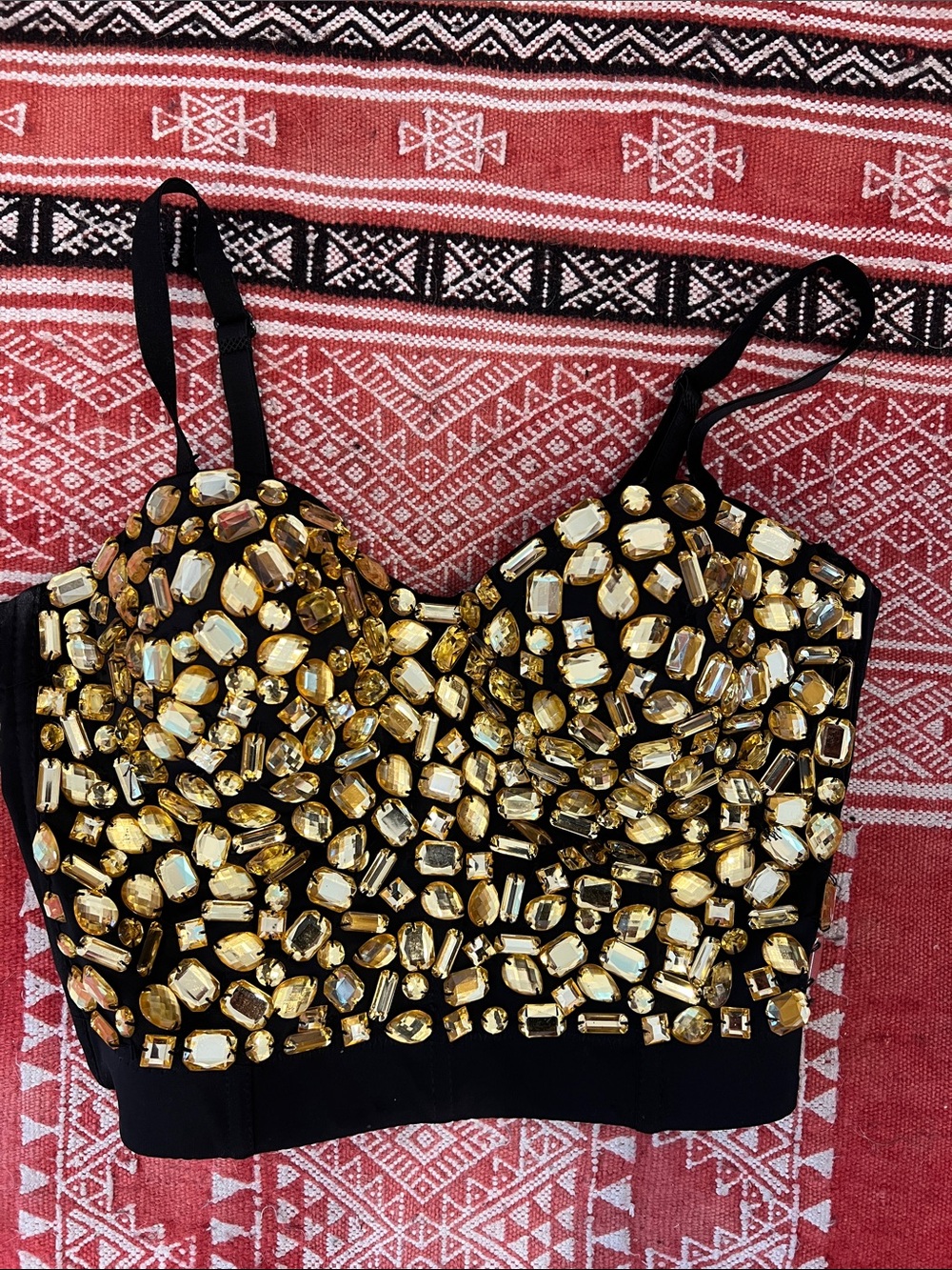 Stunning Marciano Black Embellished Bustier Crop Top with Gold Gems